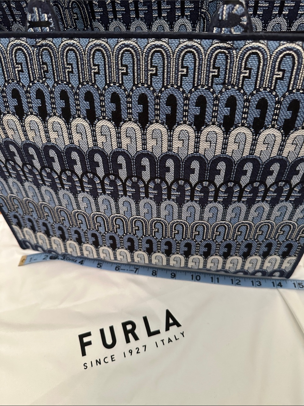 Furla Navy and Light Blue Jacquard Tote with Top Handles - Picture 2 of 11